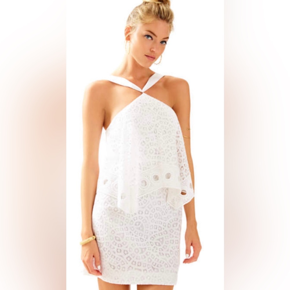 Lilly Pulitzer Pearson Dress Sleeveless Halter Neck Lace Overlay Mini Dress